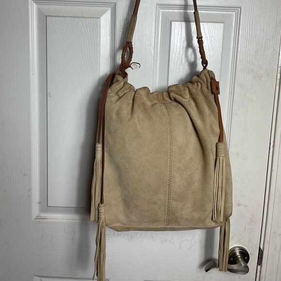 Lucky Brand leather suede Khaki drawstring with sides tassels large shoulder bag - Picture 1 of 16